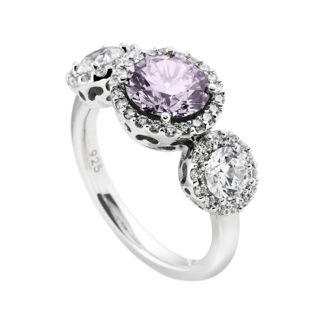 Anello trilogy viola/grigio in argento e zirconi ricoperto di platino Diamonfire