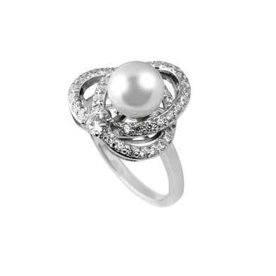 Anello fiore con perla in argento e zirconi ricoperto di platino Diamonfire