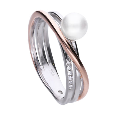 Anello rosè con perla in argento e zirconi ricoperto di platino Diamonfire Two-Tone